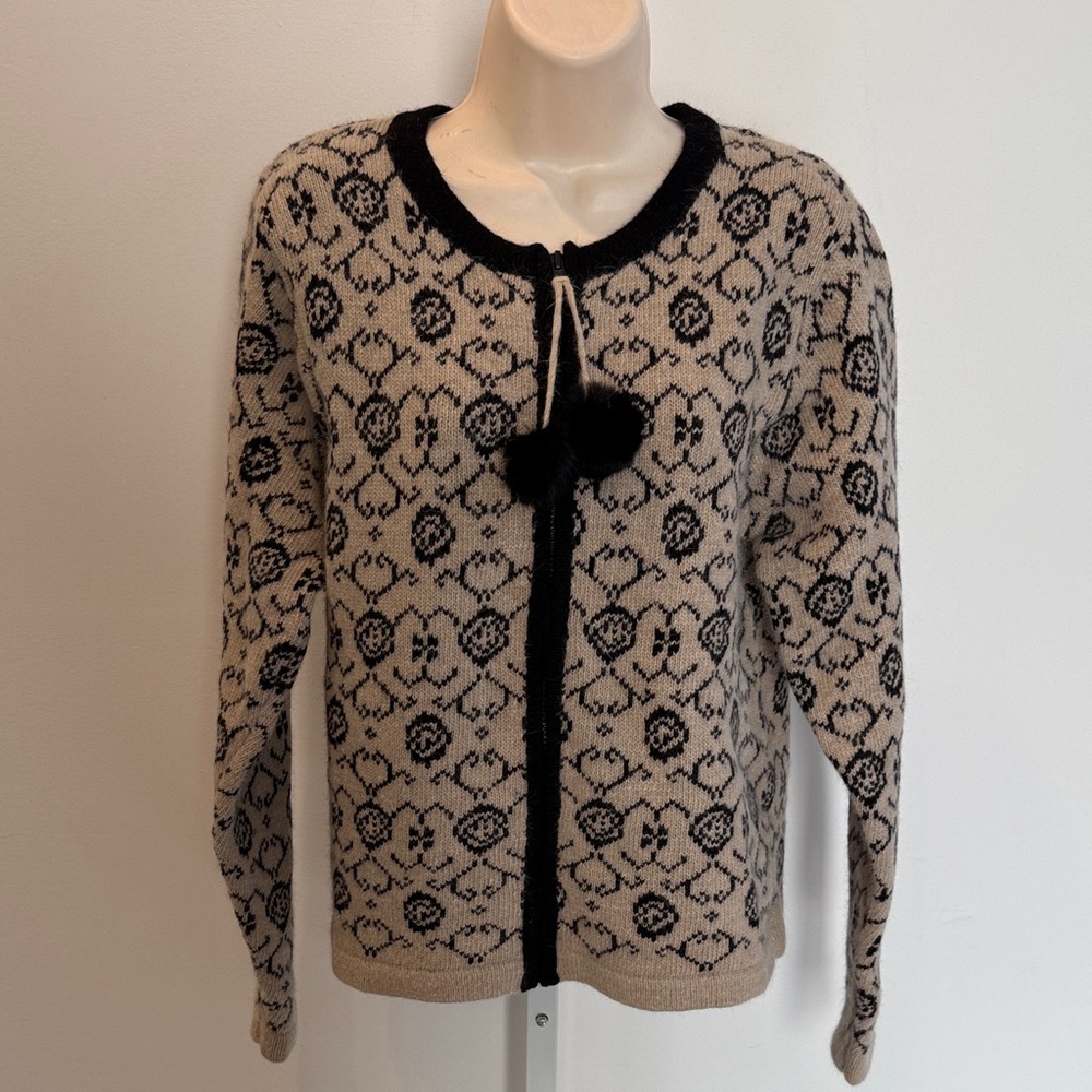 NeckWorks Women’s Size S Angora Wool Cardigan Black Cream Pom Pom Zip